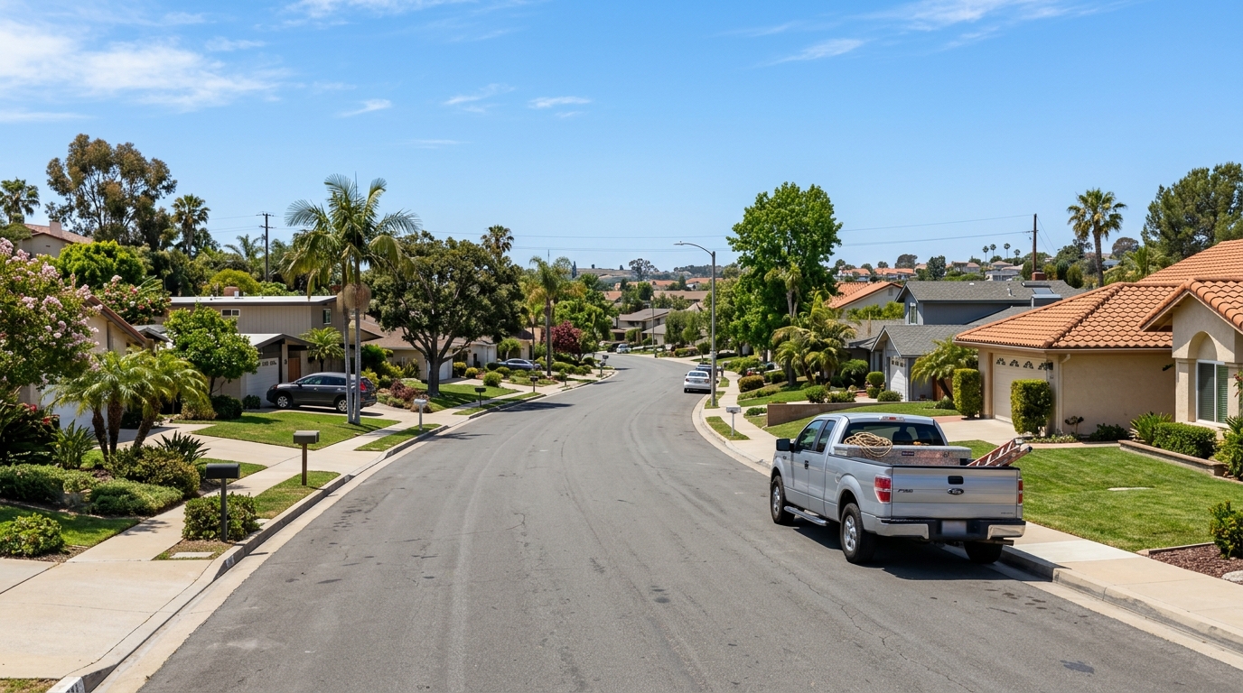 San Diego residential neighborhood with local trucks